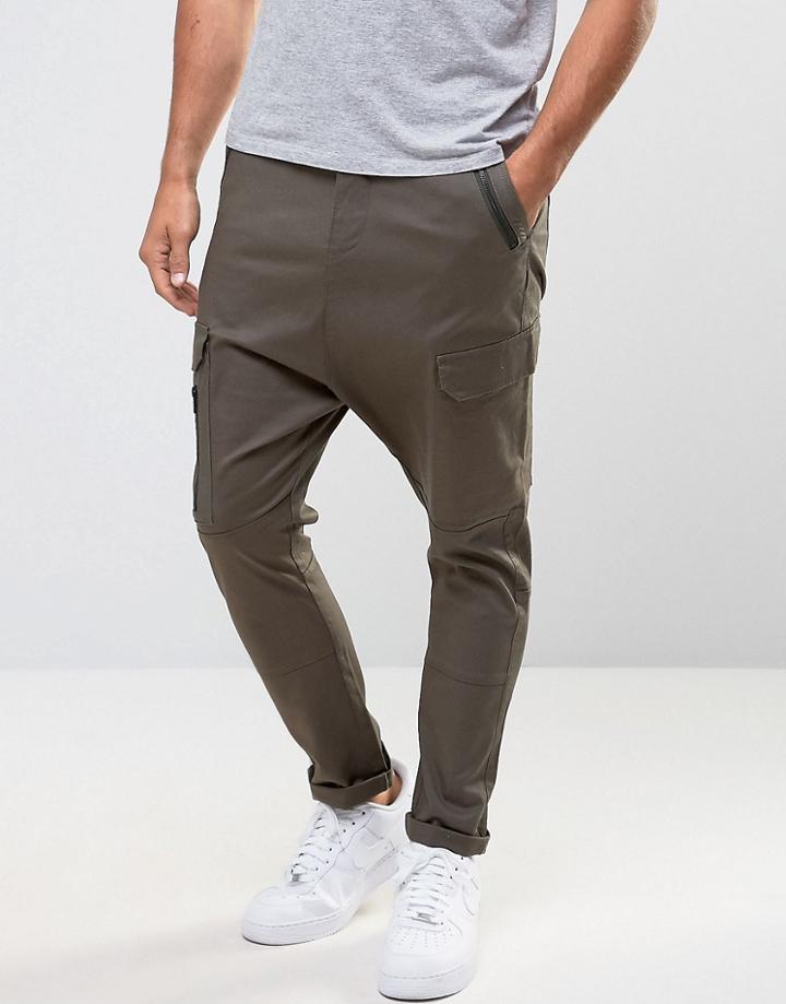 Asos Drop Crotch Cargo Pants With Zip Details In Khaki - Green