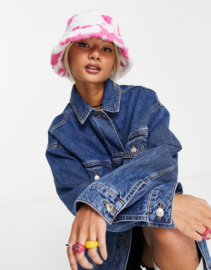 Vintage Supply Faux Fur Bucket Hat In Pink Cow Print-multi