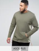Asos Plus Longline Long Sleeve T-shirt With Kangaroo Pocket And Contrast Drawcord - Green
