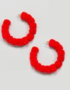 Asos Design Color Block Pom Pom Hoop Earrings - Red