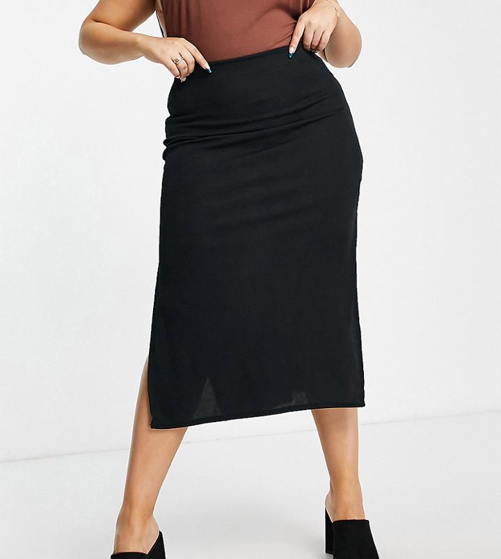 Flounce London Plus Ribbed Midi Skirt With Side Slits In Black - Part Of A Set