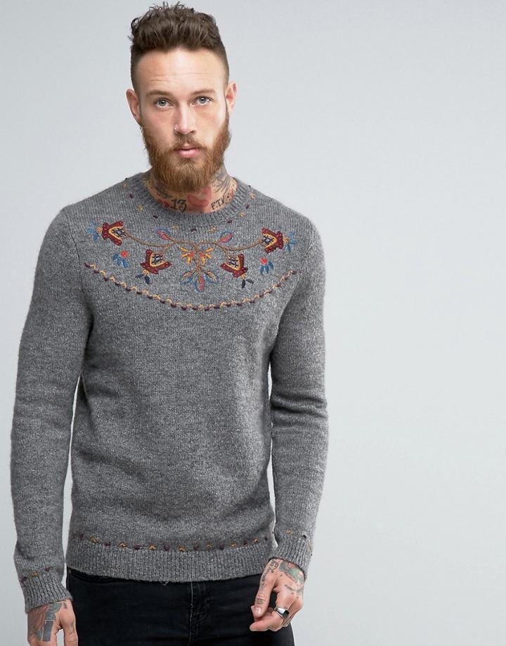 Asos Embroidered Sweater In Wool Mix - Gray