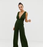Parallel Lines Plunge Front Jumpsuit With Strappy Back In Rib-green