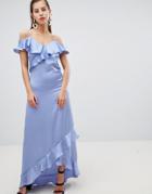 Y.a.s Satin Cold Shoulder Frill Maxi Dress - Blue