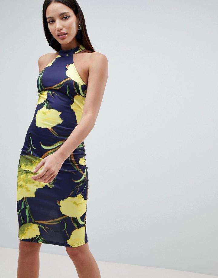 Ax Paris High Neck Pencil Midi Dress In Floral - Navy