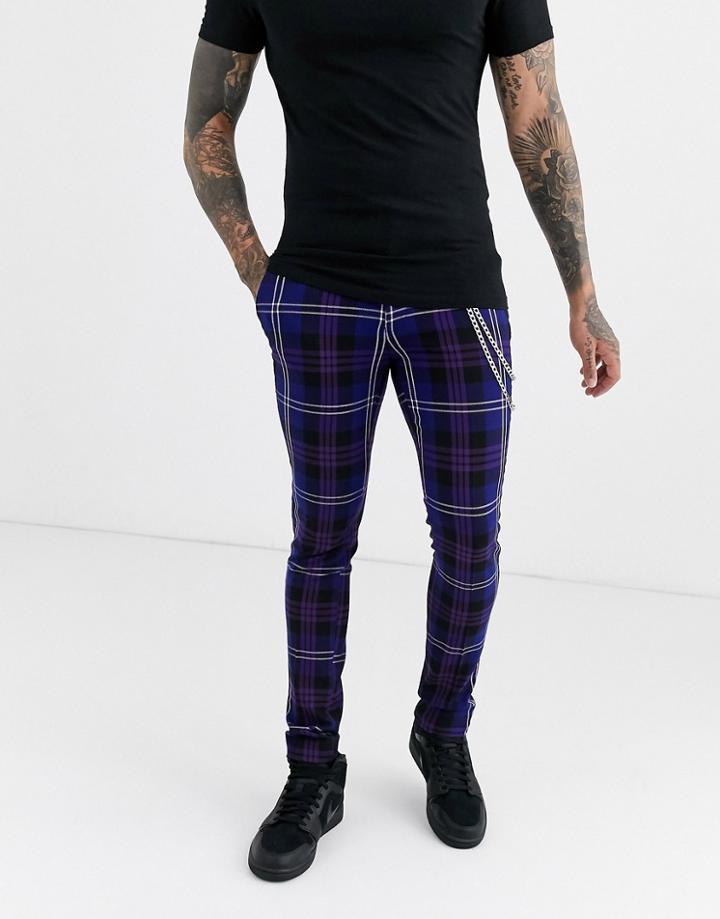 Asos Design Super Skinny Smart Pants In Blue Check With Chain