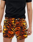 Asos Design Slim Shorter Shorts In Tiger Print-orange