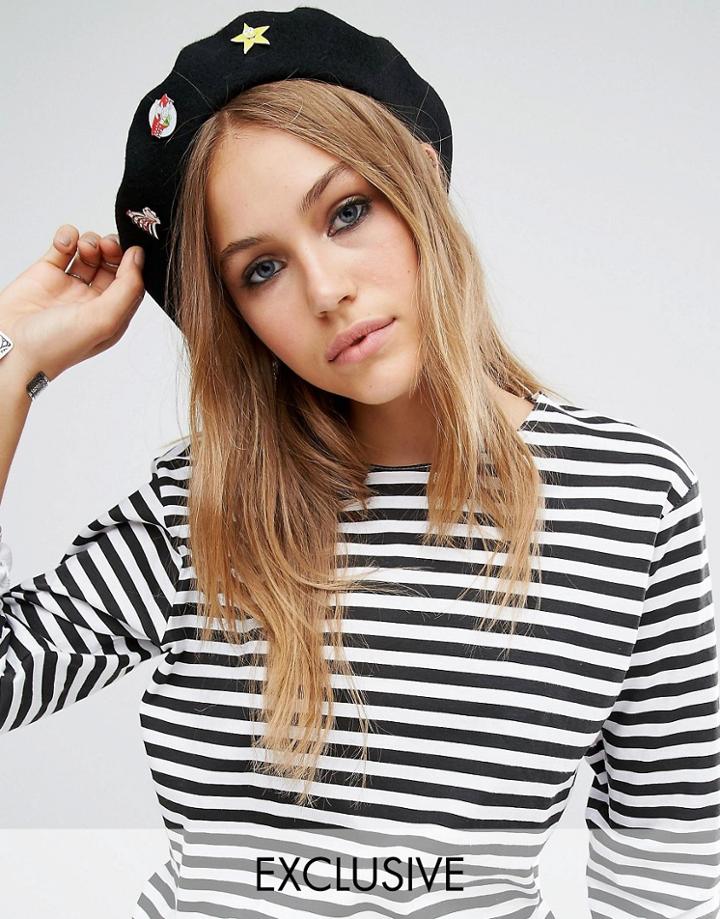 Reclaimed Vintage Pin Badge Beret With Detachable Pins - Black
