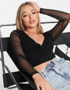 Asos Design Hourglass Recycled Blend Wrap Top With Mesh Long Sleeves In Black