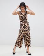 Unique21 Leopard Print V Neck Jumpsuit With Tie Belt-multi