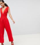 Asos Design Tall Ruched Waist Plunge Jumpsuit - Red