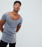 Asos Design Tall Super Longline T-shirt With Scoop Neck In Burnout With Floral Print - Gray