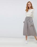 Asos Design Popper Front Midi Skirt With Pockets - Stone