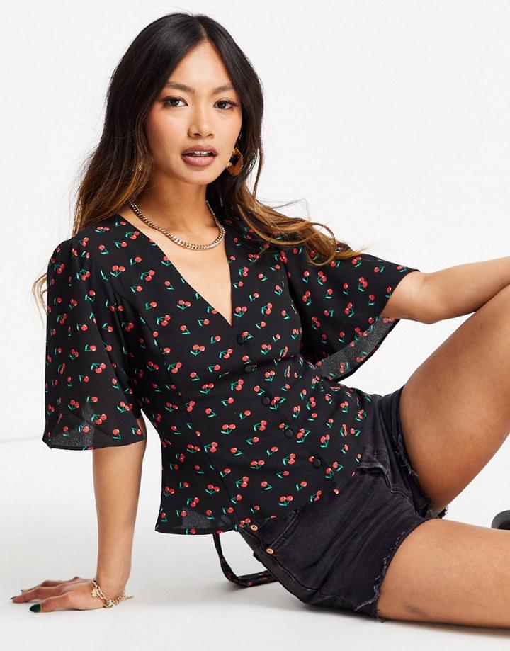 Asos Design Short Sleeve Tea Blouse In Cherry Print-multi