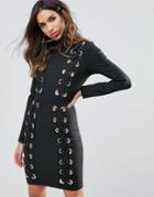 Wow Couture Oversized Laceup Detail Mini Bandage Bodycon Dress - Black