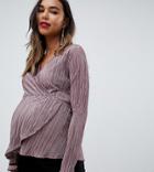 Asos Design Maternity Long Sleeve Wrap Top In Plisse With Assymetric Hem - Brown
