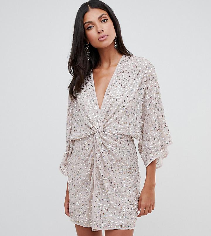 Asos Design Tall Scatter Sequin Knot Front Kimono Mini Dress-pink