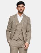 Topman Skinny Single Breasted Suit Jacket In Stone Check-neutral