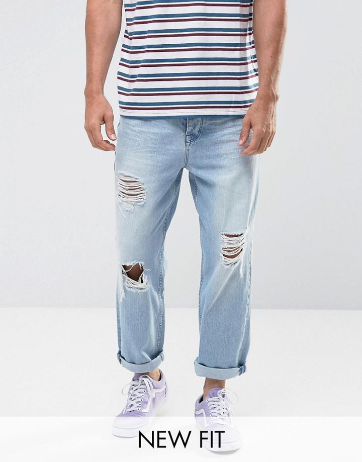 Asos Skater Jeans In Vintage Light Wash Blue With Rips - Blue