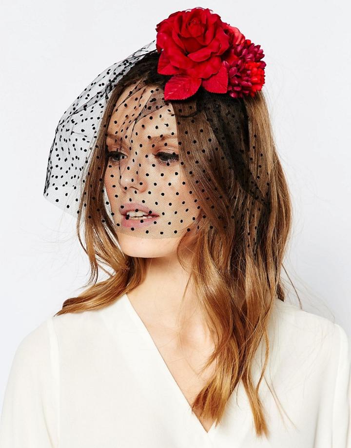 Orelia Flower Veil Headband Fascinator - Red