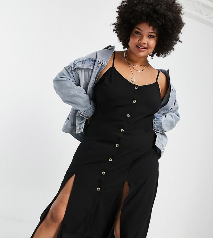 Simply Be Button Through Cami Midi Dress In Black