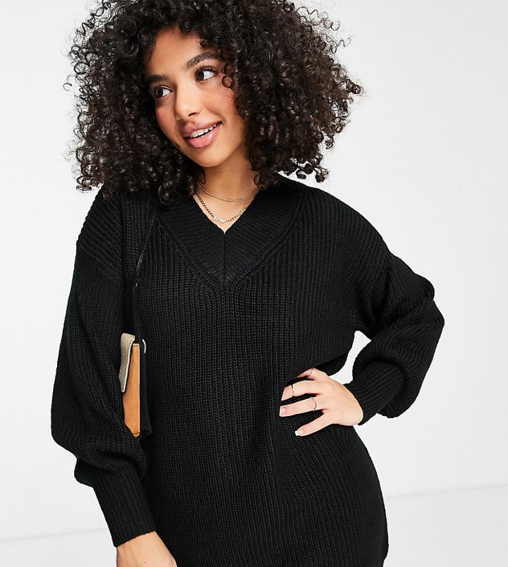 Asos Design Petite Knit V-neck Mini Dress In Black