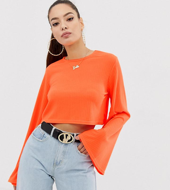 Missguided Crop Top With Flared Sleeves In Neon Orange - Orange