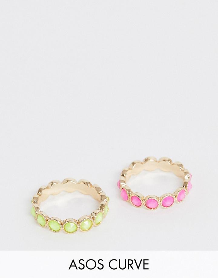 Asos Design Curve Pack Of 2 Rings With Neon Crystals In Gold Tone - Gold
