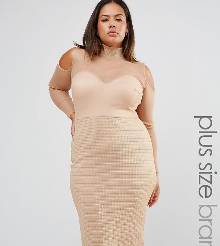 Club L Plus High Neck Bandage Mesh Dress With Cold Shoulder Detail - Beige