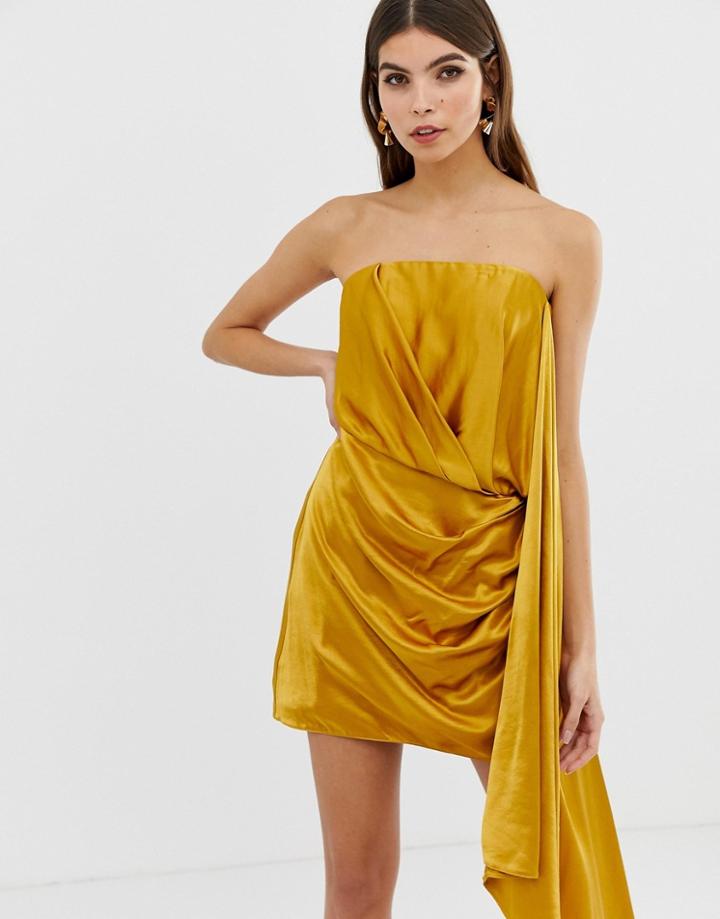 Asos Edition Satin Bandeau Mini Dress With Drape Side - Gold