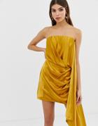 Asos Edition Satin Bandeau Mini Dress With Drape Side - Gold