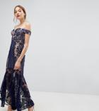 Jarlo Tall All Over Lace Off Shoulder Fishtail Midaxi Dress - Navy