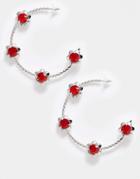 Asos Design Hoop Earrings With Ruby Red Crystals In Silver Tone