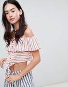 Miss Selfridge Off The Shoulder Top With Button Front Detail In Red Stripe - Multi