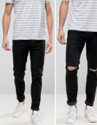 Asos Skinny Jeans 2 Pack In Black & Black With Knee Rips Save - Black
