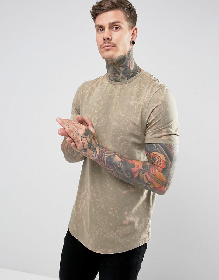 Asos Longline T-shirt With Curved Hem In Subtle Acid Wash In Beige - Beige