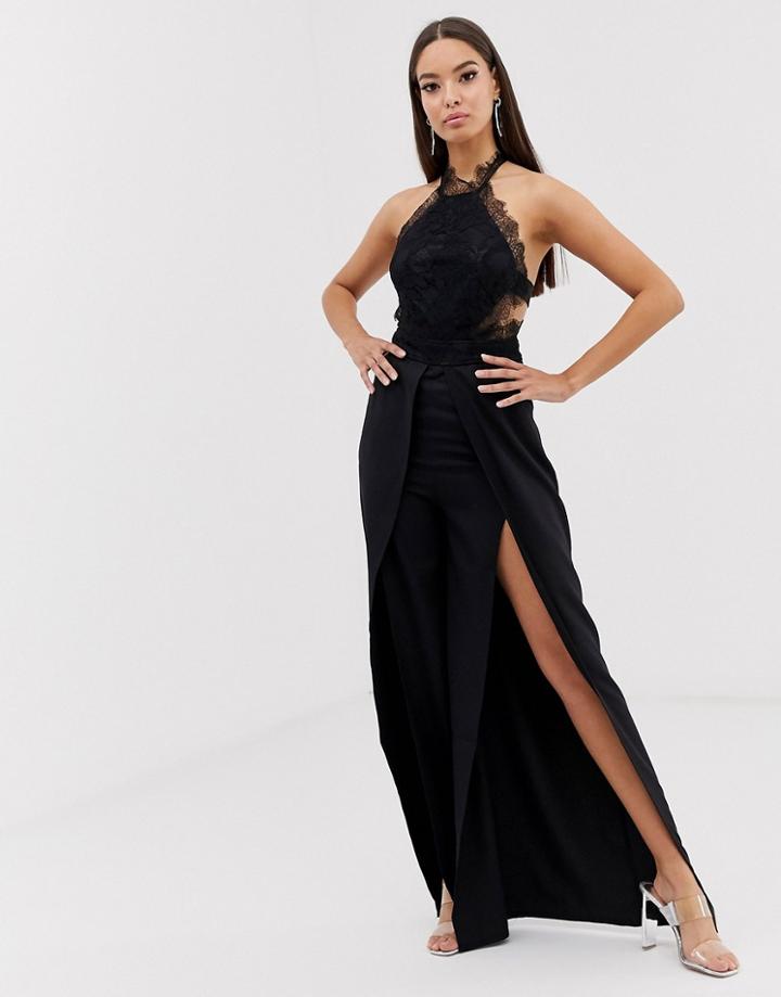 Love Triangle Halter Neck Open Back Jumpsuit With Thigh Split In Black
