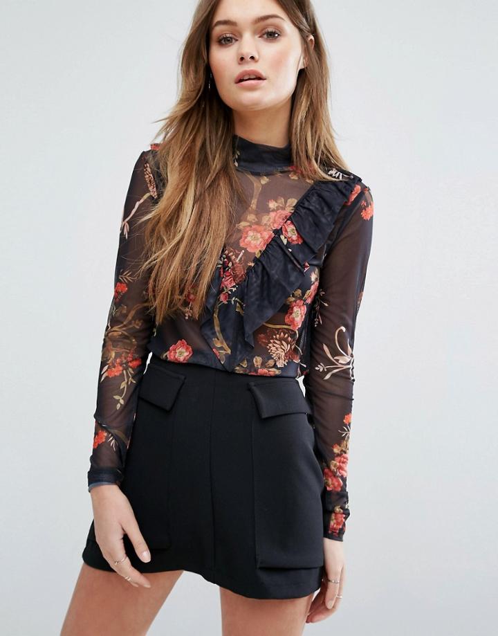 Vero Moda Floral Mesh Ruffle Top - Multi