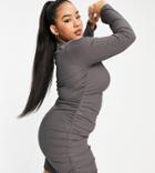 I Saw It First Plus High Neck Rib Body-conscious Dress In Gray-grey