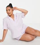Asos Design Curve Exclusive Gingham Seersucker Shirt With Ruffle & Shorts Pajama Set In Lilac-multi