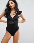 Asos Lace Neoprene Frill Sweetheart Swimsuit - Black