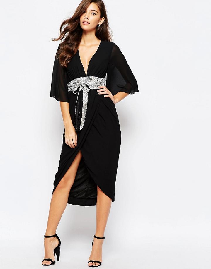 Tfnc Kimono Sleeve Chiffon Dress With Sequin Obi Belt - Black