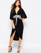 Tfnc Kimono Sleeve Chiffon Dress With Sequin Obi Belt - Black