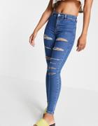 Topshop Joni Recycled Cotton Blend Jeans With Super Rips In Mid Blue-blues