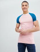 Asos Design Muscle Fit T-shirt With Double Contrast Raglan - Pink