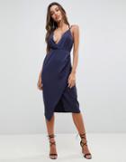 Asos Cami Satin Midi Pencil Dress With Side Cut Out-navy