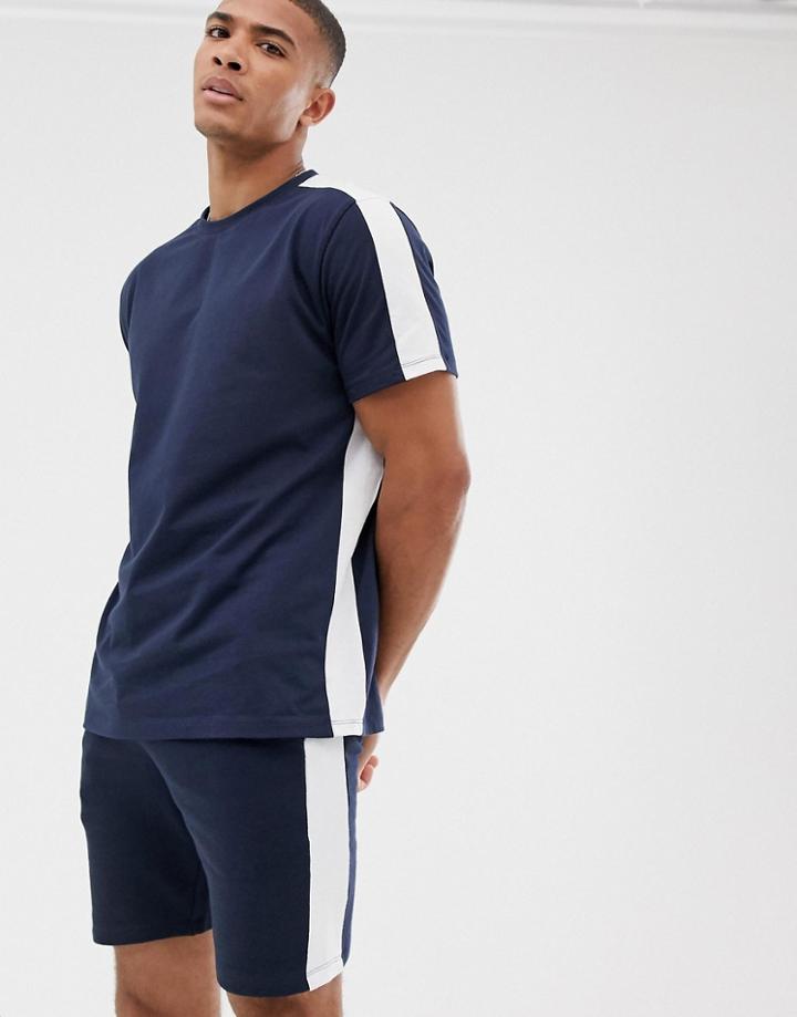 Asos Design Two-piece Relaxed T-shirt With Side Panel Stripe In Navy - Navy