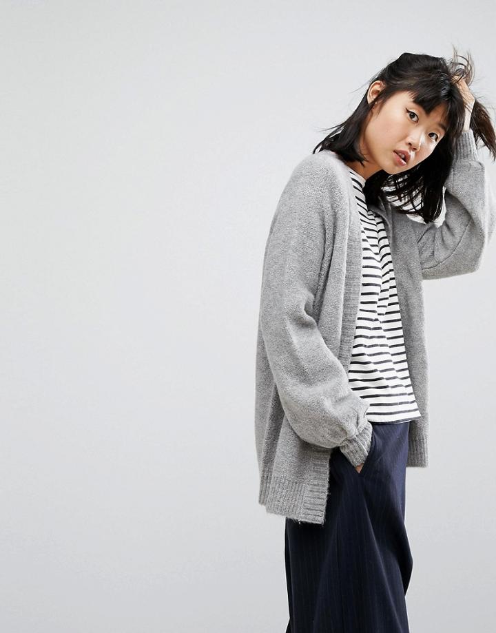 Asos Chunky Cardigan With Volume Sleeves - Gray