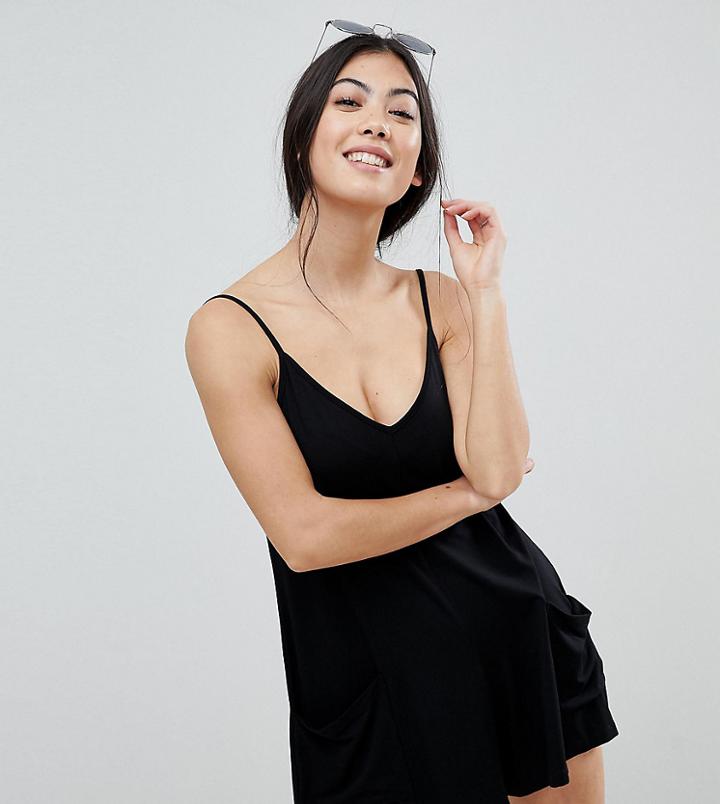 Asos Design Petite Jersey Minimal Romper With Pockets - Black