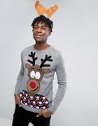 Pull & Bear Holidays Sweater In Gray With Reindeer Print - Gray